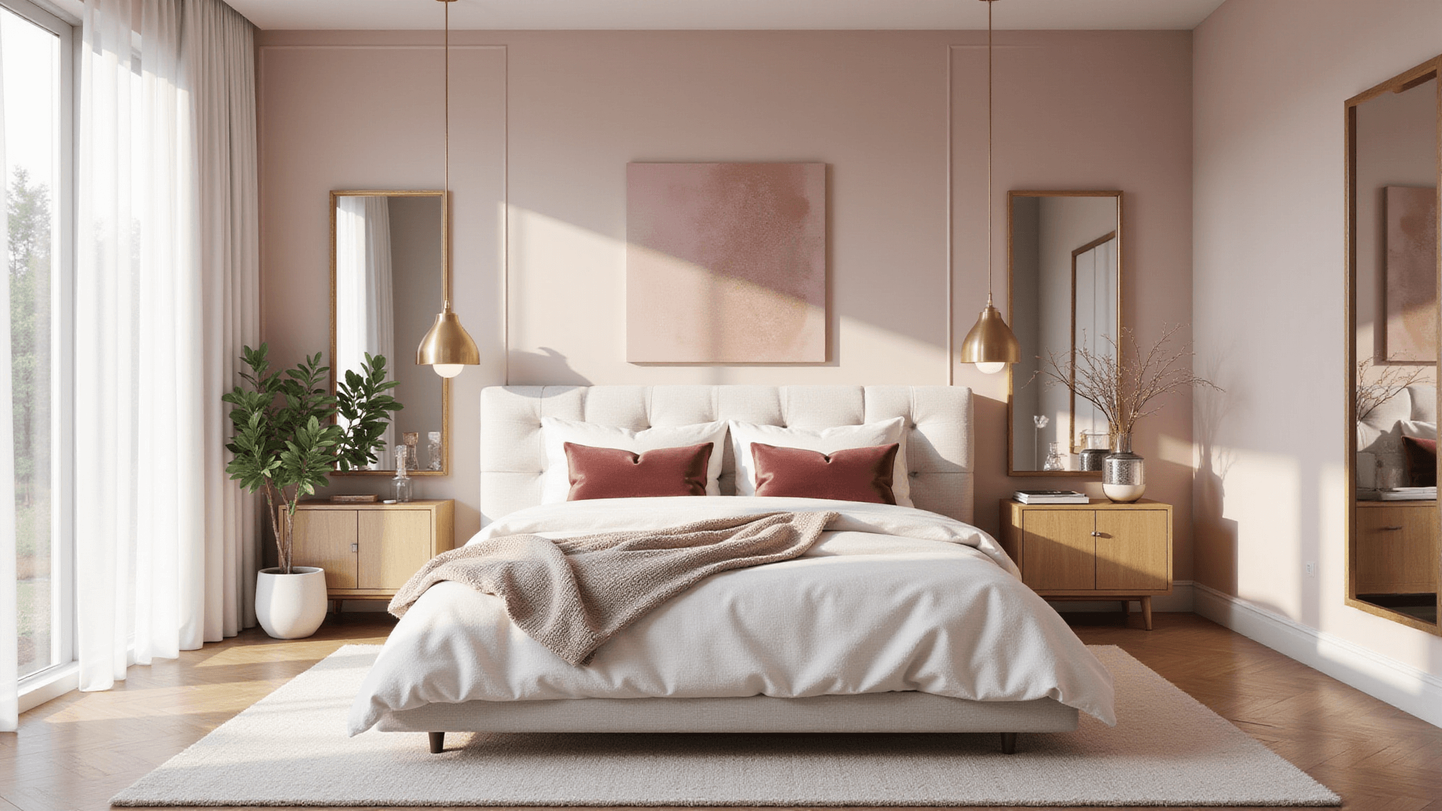 A luxurious master bedroom featuring blush pink walls, a low-profile platform bed with ivory linen bedding, champagne gold accents, and large floor-to-ceiling windows with sheer curtains, all bathed in natural morning light.