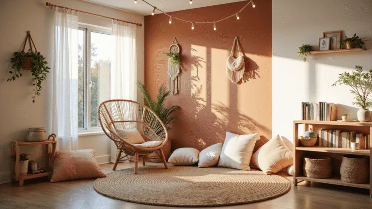 A serene boho-inspired classroom reading nook featuring a large rattan peacock chair surrounded by floor pillows, natural light filtering through sheer curtains, and adorned with children's books, macramé plant holders, and a muted terracotta accent wall.