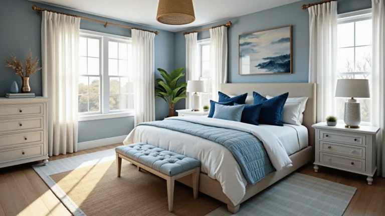A serene coastal bedroom featuring a king-size bed with crisp white and powder blue bedding, illuminated by natural morning light, against pale blue-gray walls, with natural oak flooring, white furniture, and coastal accents.