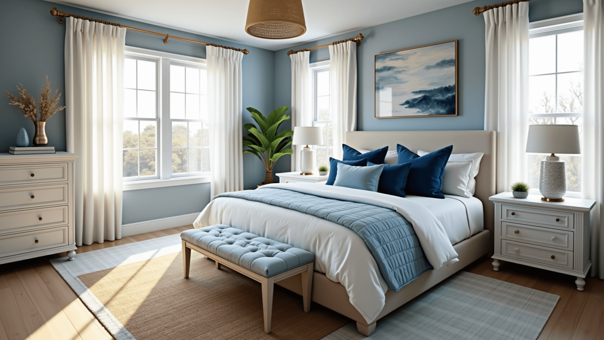 A serene coastal bedroom featuring a king-size bed with crisp white and powder blue bedding, illuminated by natural morning light, against pale blue-gray walls, with natural oak flooring, white furniture, and coastal accents.