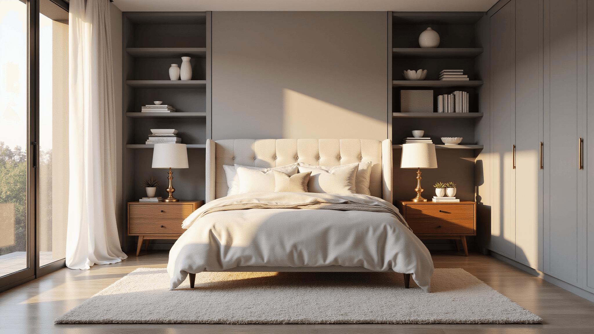 Photorealistic image of a luxurious bedroom at golden hour, featuring a king-size bed with ivory linens, mid-century walnut bedside tables, and warm sunlight streaming through large windows.