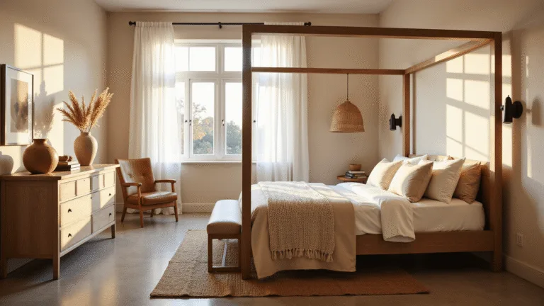 A serene neutral bedroom during golden hour, featuring a king bed with a four-poster frame, warm cream walls, and layered textures of knit throw and jute rug, illuminated by soft natural light through sheer curtains.