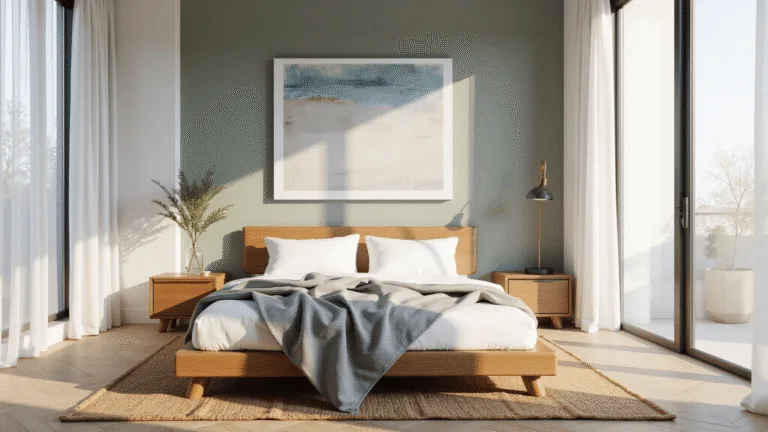 A tranquil minimalist bedroom bathed in golden morning light, featuring a low-profile oak platform bed with white linens, sage green accent wall, walnut nightstands, and a natural jute rug, set against oversized abstract coastal artwork.