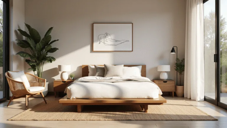 Photorealistic image of a serene organic modern bedroom featuring an oak platform bed with white linen bedding, a jute rug, minimalist walnut nightstands, a rattan accent chair, and potted plants, all bathed in soft morning light.