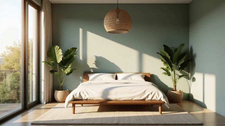 A serene modern bedroom with sage green walls and morning sunlight streaming through large windows, featuring a walnut platform bed, ivory linen bedding, and a rattan pendant light, framed by fiddle leaf fig plants and a cream wool rug, captured in 8K resolution.