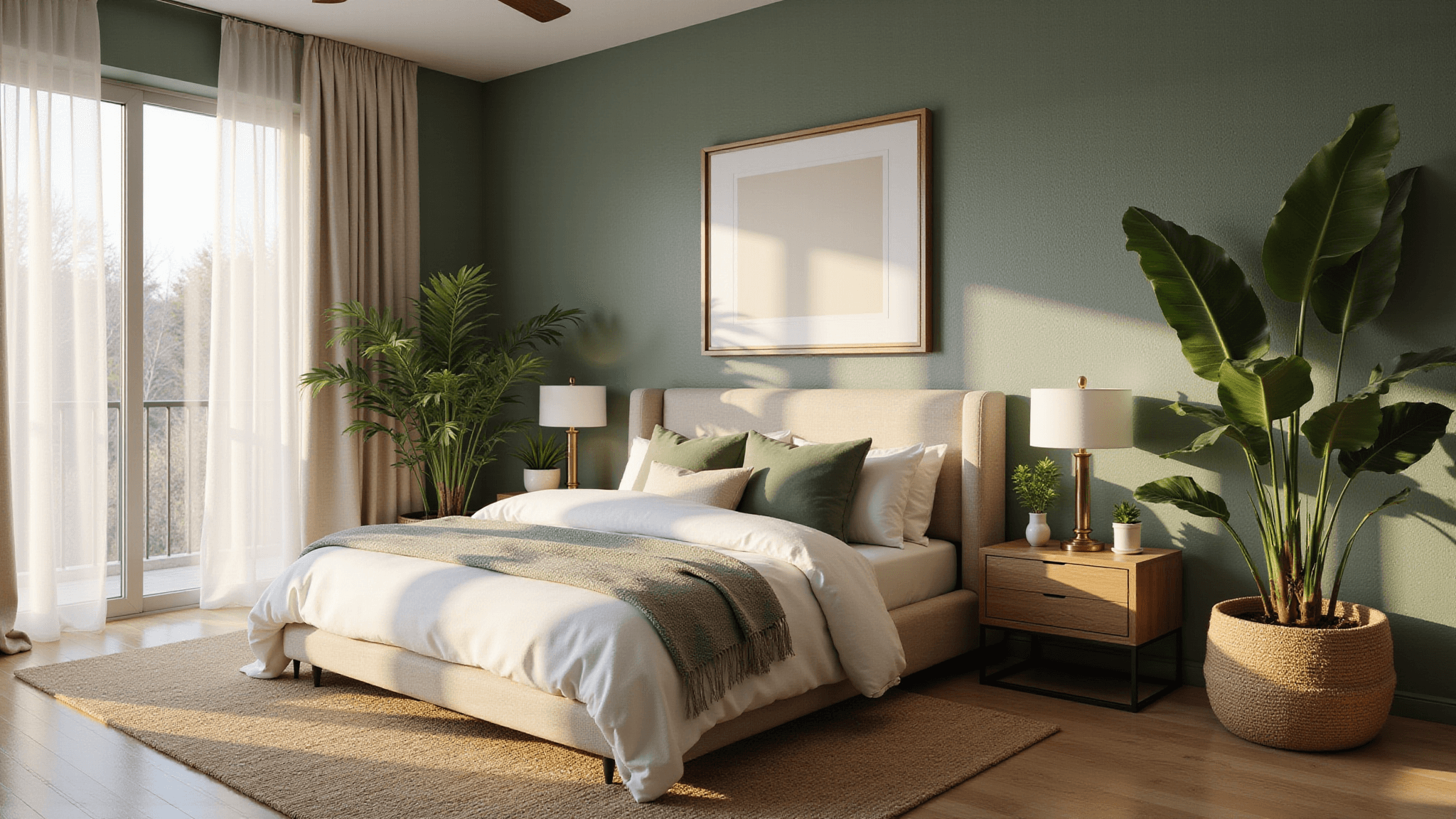 A sophisticated sage green bedroom with golden morning light, featuring a king-size bed, layered organic cotton bedding, modern brass-accented nightstands, and lush plants, captured in photorealistic detail.