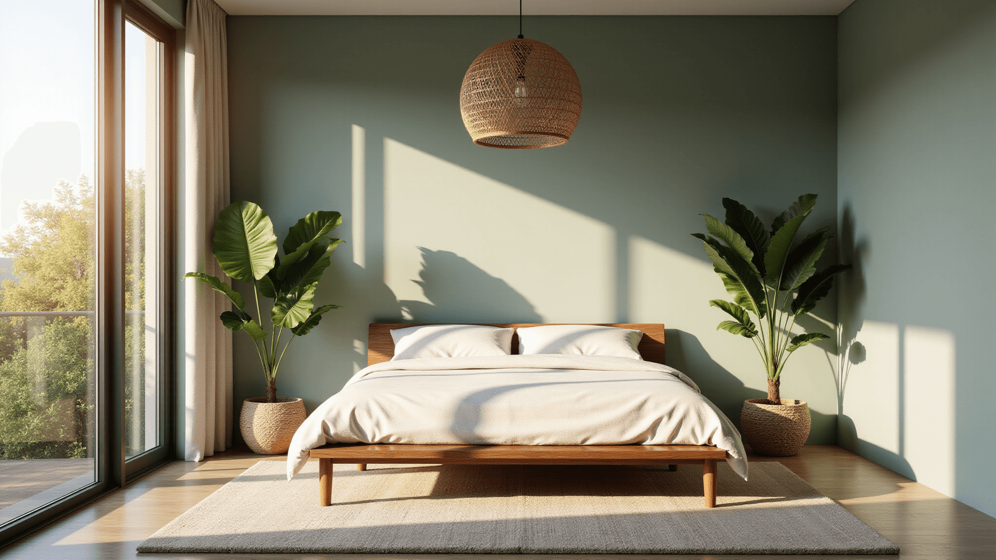 A serene modern bedroom with sage green walls and morning sunlight streaming through large windows, featuring a walnut platform bed, ivory linen bedding, and a rattan pendant light, framed by fiddle leaf fig plants and a cream wool rug, captured in 8K resolution.