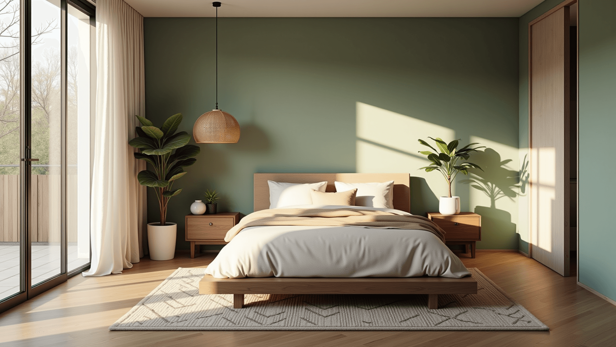 Contemporary bedroom with sage green walls, a king-sized bed, natural light, and minimalist decor, featuring a fiddle leaf fig and bamboo pendant light.