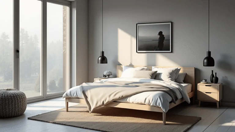 Photorealistic interior of a serene Scandinavian bedroom with gray walls, a minimalist platform bed, and morning light streaming through large windows, featuring natural wood accents and soft textures.