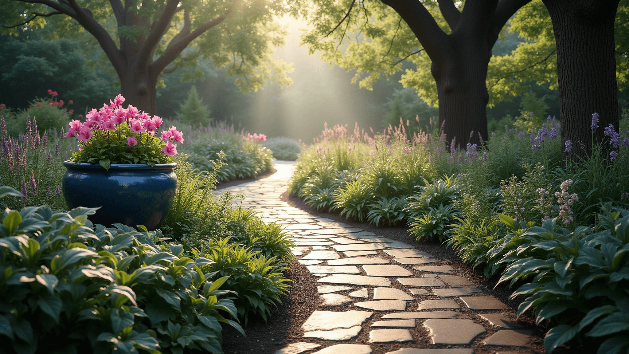 A serene garden path winding through lush shade, dappled sunlight filtering through oak trees, featuring a blue ceramic pot of pink begonias, large hostas, purple astilbe, Japanese ferns, Solomon's Seal, cascading grass, and silver-leafed lamium, with morning mist enhancing the atmosphere.