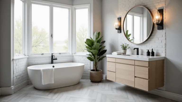 Photorealistic interior of a luxurious 35 sq ft bathroom featuring a white alcove tub, pale oak floating vanity, and plush Turkish cotton towels, with herringbone marble floor tiles and soft morning light filtering through a frosted window.