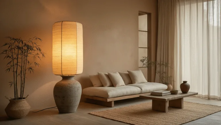 A serene living room at golden hour featuring a sculptural Wabi Sabi floor lamp with a rice paper shade and ceramic base, warm light casting soft shadows, complemented by an oatmeal linen sofa, sheer curtains, and natural elements like a jute rug and potted bamboo.