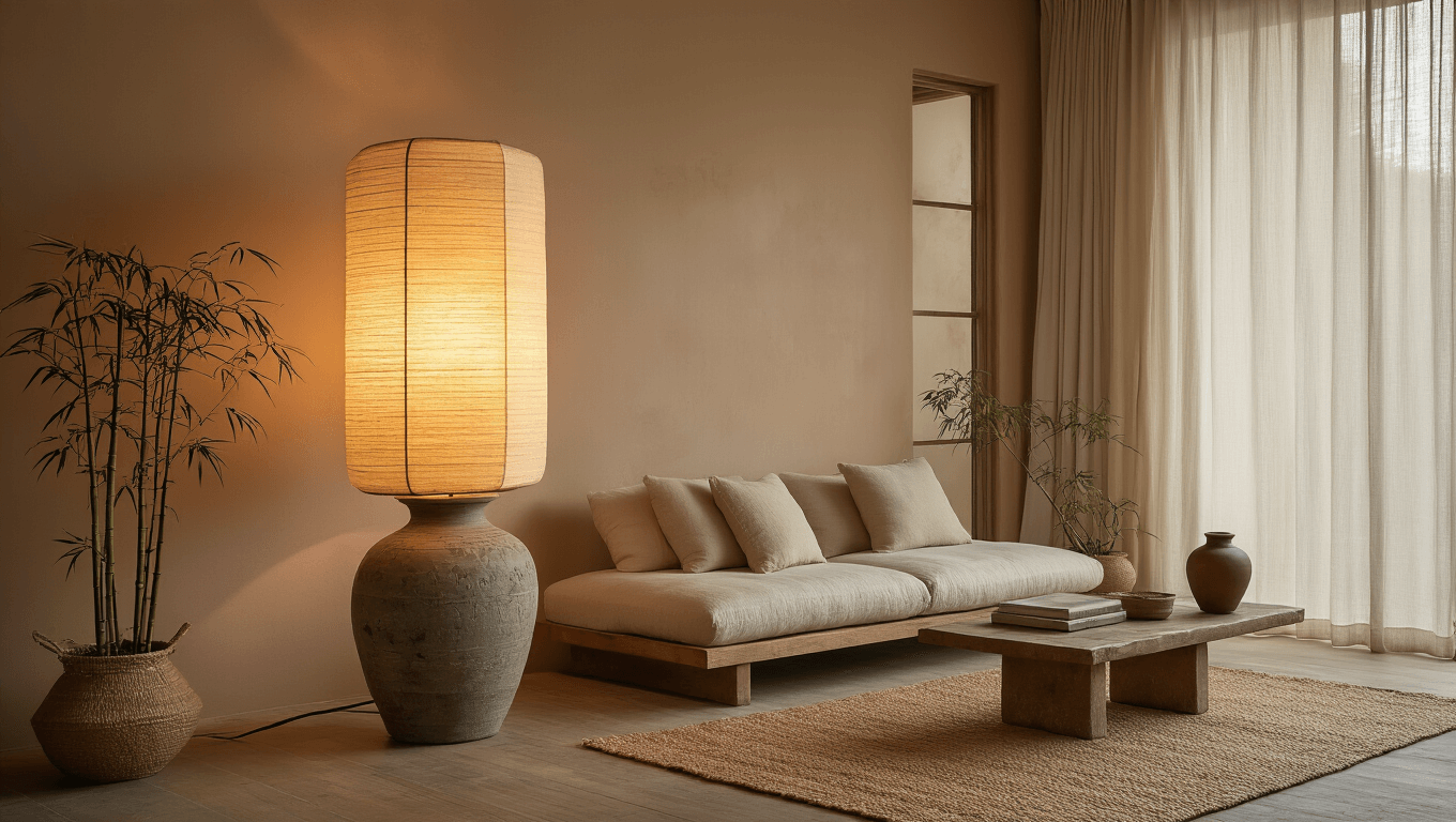 A serene living room at golden hour featuring a sculptural Wabi Sabi floor lamp with a rice paper shade and ceramic base, warm light casting soft shadows, complemented by an oatmeal linen sofa, sheer curtains, and natural elements like a jute rug and potted bamboo.