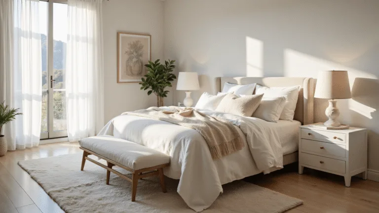 A luxurious white master bedroom illuminated by soft morning light, featuring a king-size bed with textured ivory and cream bedding, whitewashed oak flooring, alabaster nightstands, minimalist art, and a fiddle leaf fig plant, all captured in a photorealistic style.