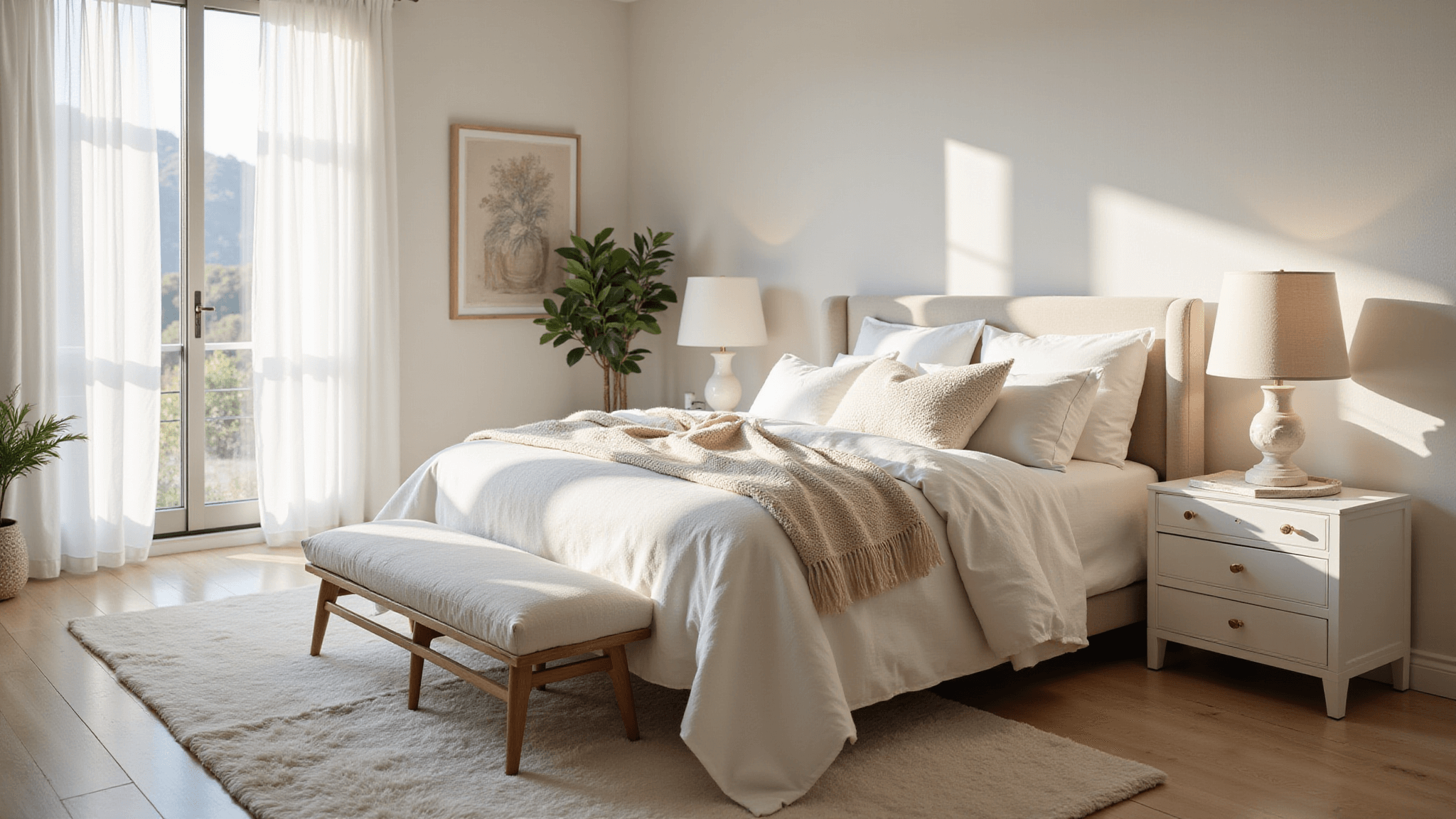 A luxurious white master bedroom illuminated by soft morning light, featuring a king-size bed with textured ivory and cream bedding, whitewashed oak flooring, alabaster nightstands, minimalist art, and a fiddle leaf fig plant, all captured in a photorealistic style.