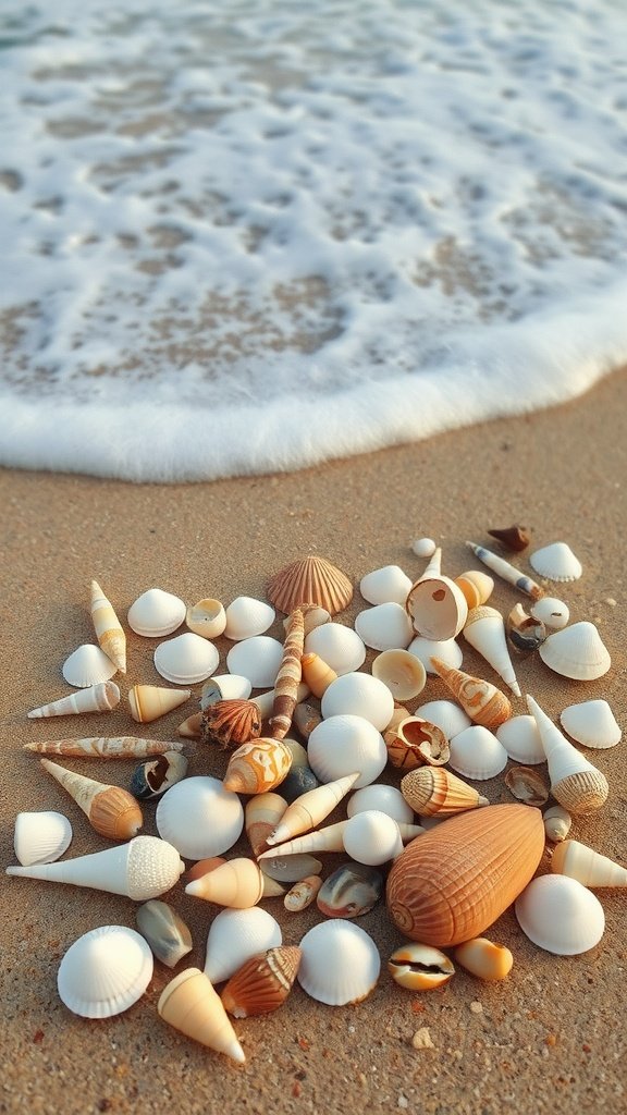 A collection of various shells on a sandy beach with gentle waves in the background.