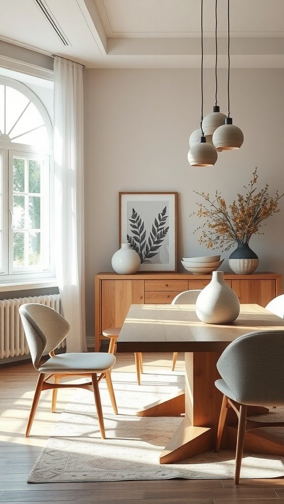 A Japandi dining room featuring a wooden table, upholstered chairs, pendant lights, and minimal decorative accents.
