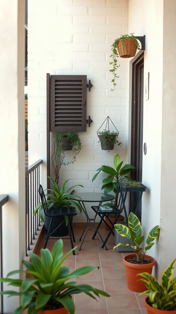 A small balcony featuring a compact dining area with two chairs and a table, surrounded by various plants.