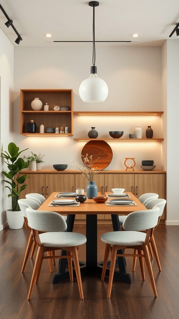 A modern Japandi dining room featuring a wooden table, stylish chairs, and smart storage solutions with shelves and decorative items.