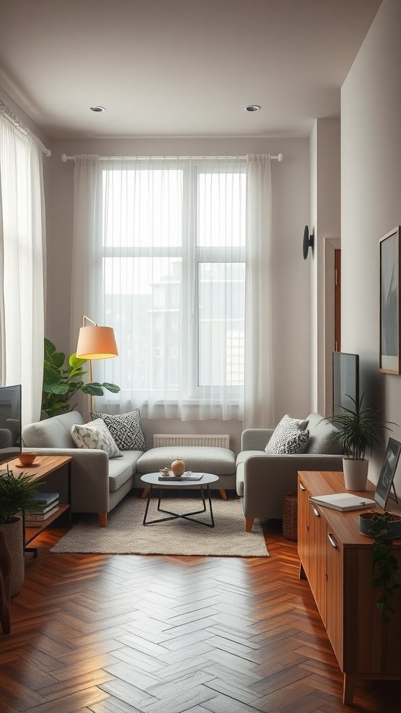 Cozy living room with soft lighting, plants, and comfortable furniture