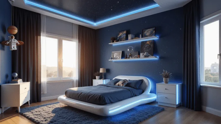 A hyperrealistic photograph of a space-themed boy's bedroom featuring a spaceship-shaped bed, deep blue ombre walls with metallic silver constellations, and a fiber optic star ceiling, illuminated by warm beams of sunlight filtering through navy blackout curtains.
