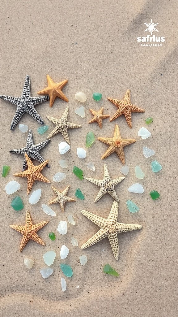 Starfish and sea glass scattered on sandy beach