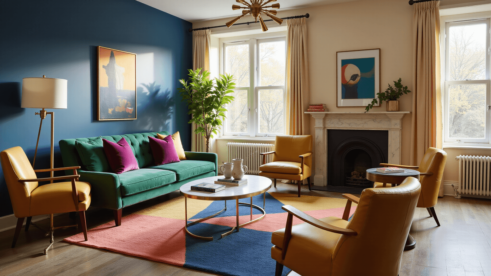 A sunlit living room featuring a sapphire blue accent wall, emerald green velvet sofa with jewel-toned pillows, mustard yellow leather armchairs, and a brass and marble coffee table, all set against a geometric rug with rich colors, highlighted by layered lighting and decorative plant elements.