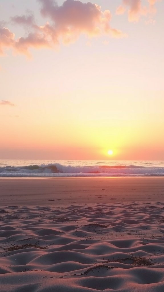 A serene beach at sunrise with soft pink and orange hues in the sky, gentle waves, and patterned sand.