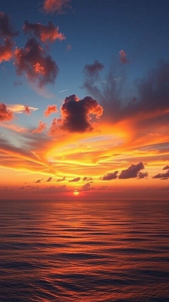 A stunning sunset over the ocean horizon with vibrant colors in the sky and calm waves.