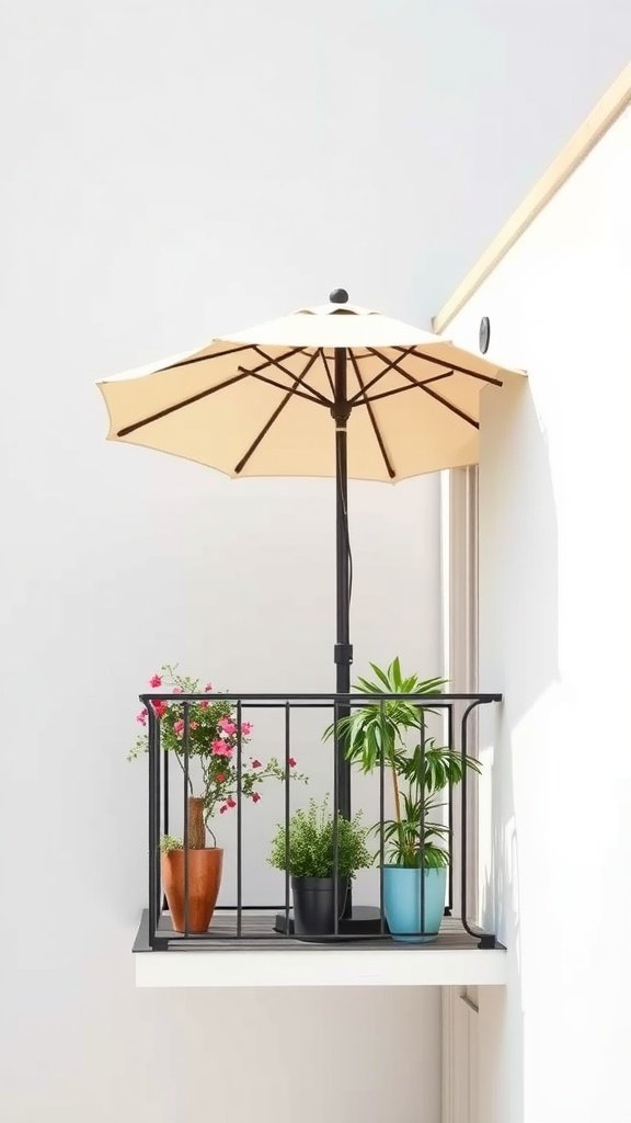 A small balcony with a beige umbrella providing shade over potted plants.