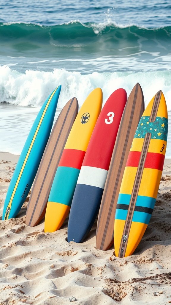 Colorful surfboards lined up on the sand with ocean waves in the background