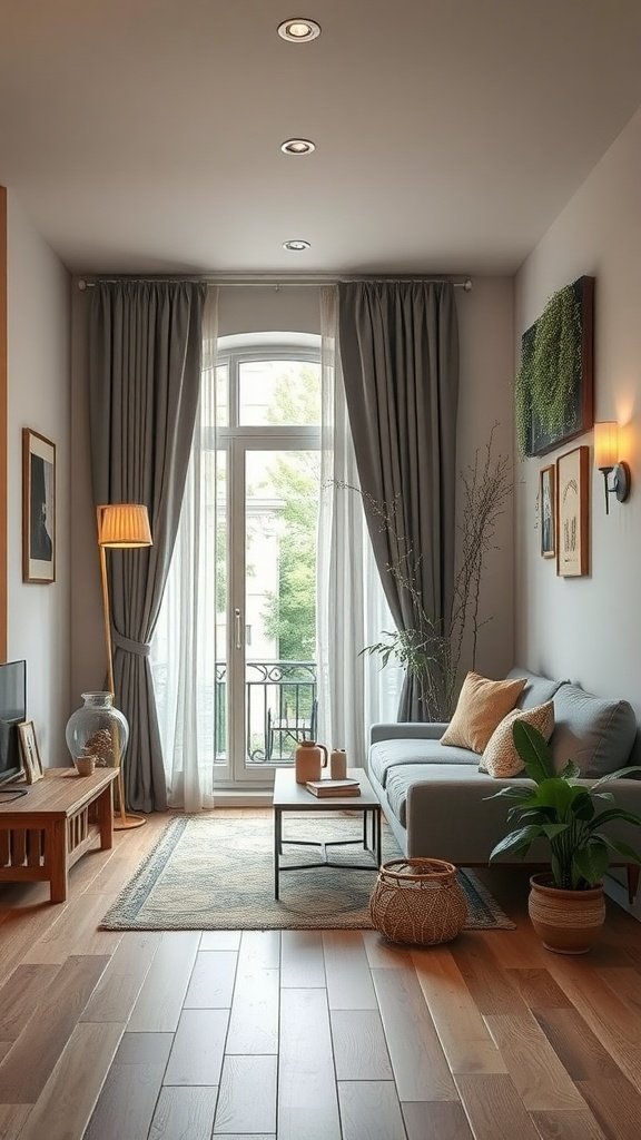A cozy living room with natural elements, featuring wooden flooring, plants, and soft furnishings.