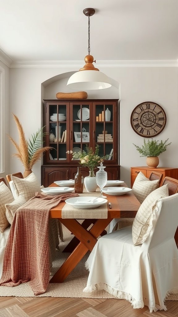 A Japandi dining room featuring a wooden table, textured fabrics, and a cozy atmosphere.