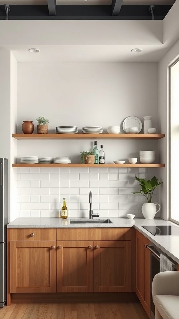 A cozy kitchen with open wooden shelves displaying dishes and plants, highlighting the beauty of simplicity.
