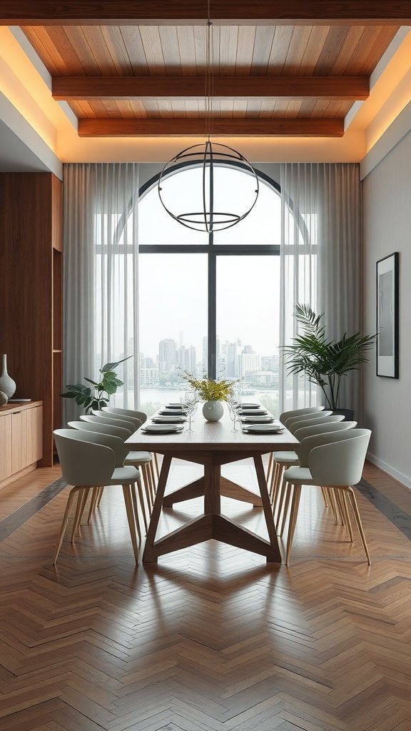 A modern Japandi dining room featuring a large wooden table, elegant chairs, and large windows with a city view.