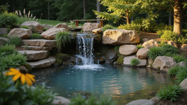Photorealistic image of a tranquil backyard pond with a multi-tiered waterfall, surrounded by moss-covered rocks and lush greenery. Golden hour lighting casts long shadows, while black-eyed Susans add pops of yellow. A natural wooden bench is partially visible, with a gentle mist hovering over the crystal-clear water. The composition features dramatic side lighting and deep focus on the waterfall, highlighting intricate textures and hyper-realistic water droplets.