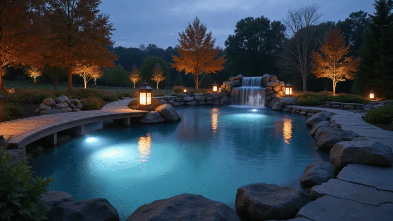 A serene garden pond at dusk featuring a curved wooden bridge over illuminated water, surrounded by antique lanterns, Japanese maple trees, and delicate ferns, with mist adding a mysterious atmosphere.