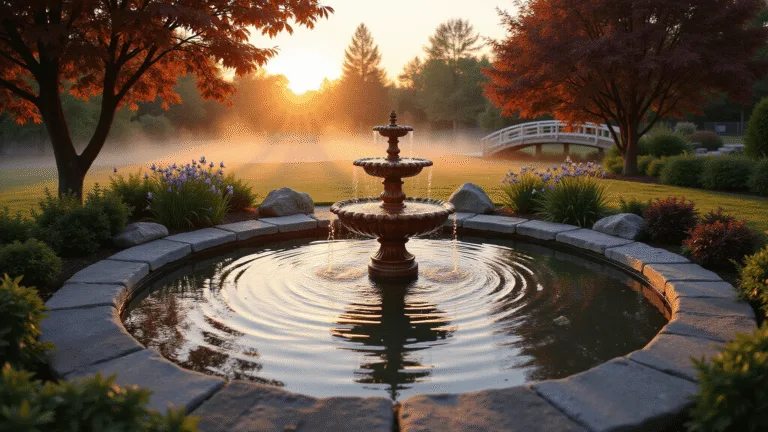 A tranquil garden pond at sunset, featuring a circular stone-edged pond with a three-tiered copper fountain, Japanese maple trees, and water lilies, illuminated by landscape lighting and mist hovering over the water surface.