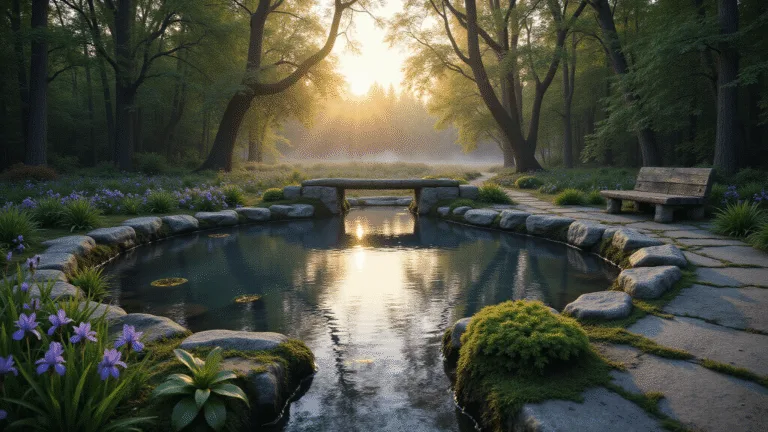 A serene woodland garden pond at sunset, featuring a crystal-clear irregular-shaped pond with moss-covered stone edges, surrounded by mature trees, ferns, and purple iris, with a fallen log bridge and a weathered wooden bench, capturing a tranquil atmosphere enhanced by warm golden backlighting and reflections on the water's surface.