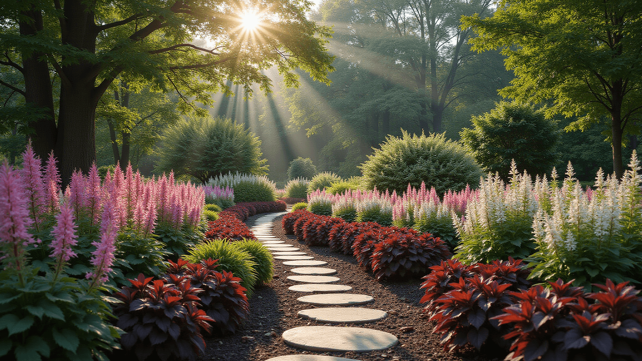 A vibrant shade garden sanctuary featuring lush Astilbe plumes in deep pink and white, surrounded by Heuchera foliage in burgundy and rose colors, with textured ferns and purple-leafed Coleus. A stone pathway winds through blooming Tiarella and delicate Wishbone flowers, while Hydrangea 'Invincibelle Mini Mauvette' shrubs anchor the background, all illuminated by dappled afternoon light.