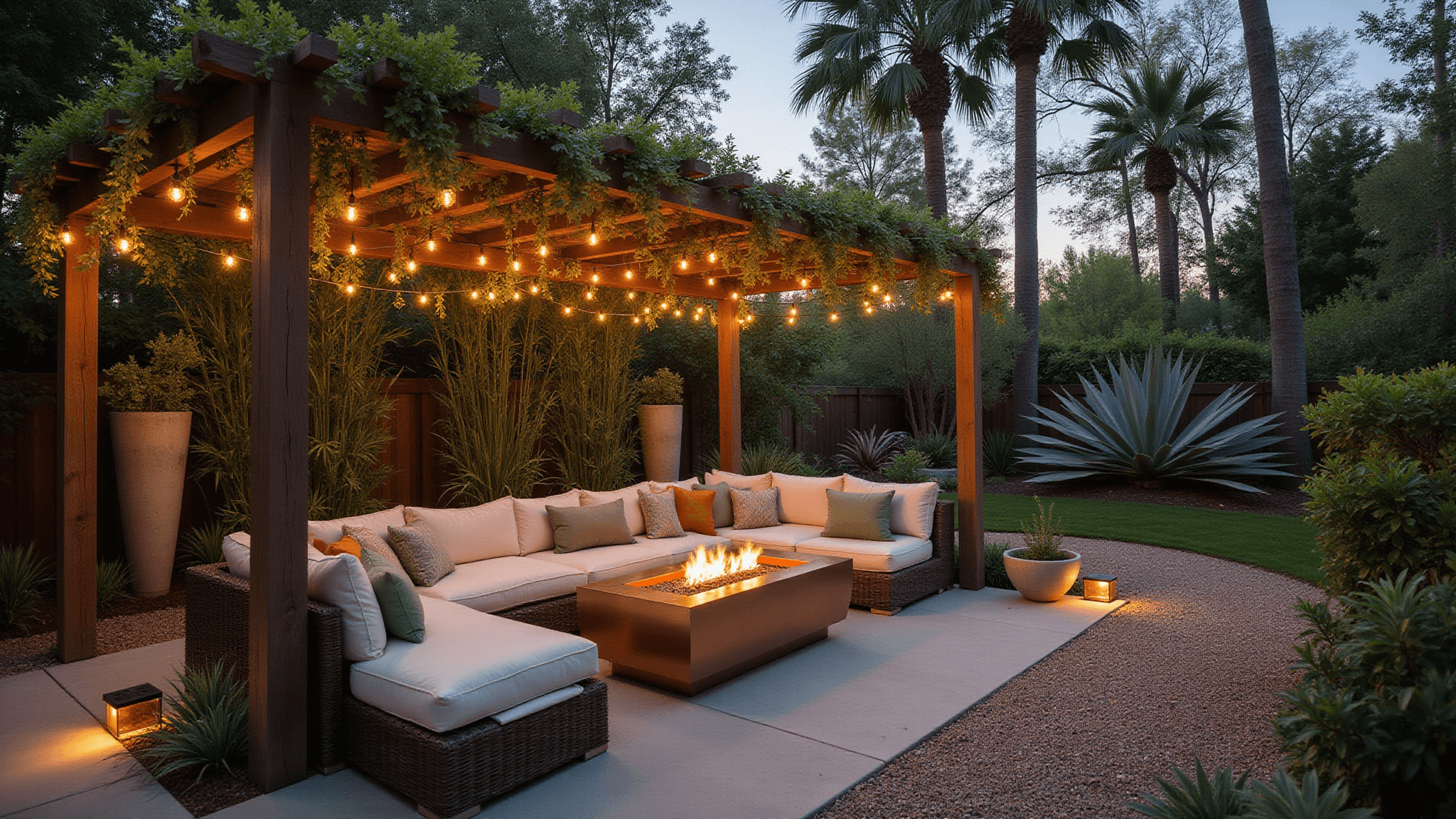 Cinematic wide-angle photograph of a luxurious tropical backyard oasis featuring a sunken fire pit and plush sectional seating, framed by bamboo and palms at golden hour.