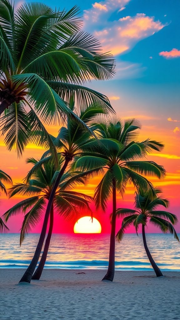 A vibrant sunset over the ocean with palm trees in the foreground.