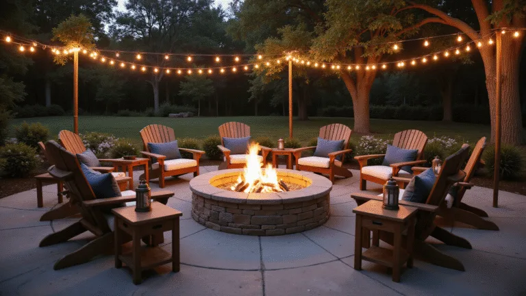 Cinematic wide-angle view of a luxurious backyard fire pit area at dusk, featuring a circular stone fire pit surrounded by teak Adirondack chairs with cushions, draped Edison string lights, and lush landscaping.