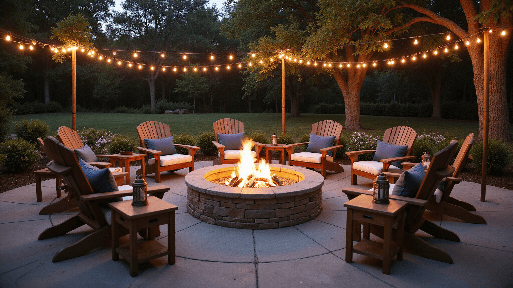 Cinematic wide-angle view of a luxurious backyard fire pit area at dusk, featuring a circular stone fire pit surrounded by teak Adirondack chairs with cushions, draped Edison string lights, and lush landscaping.