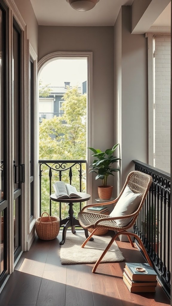 A cozy corner balcony with a rattan chair, small table, potted plant, and books.
