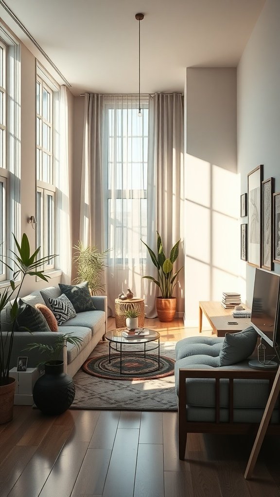 A bright living room with large windows, plants, and natural light creating a warm atmosphere.