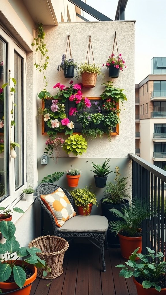 A small balcony featuring a vertical garden with colorful flowers and plants, along with a cozy chair.