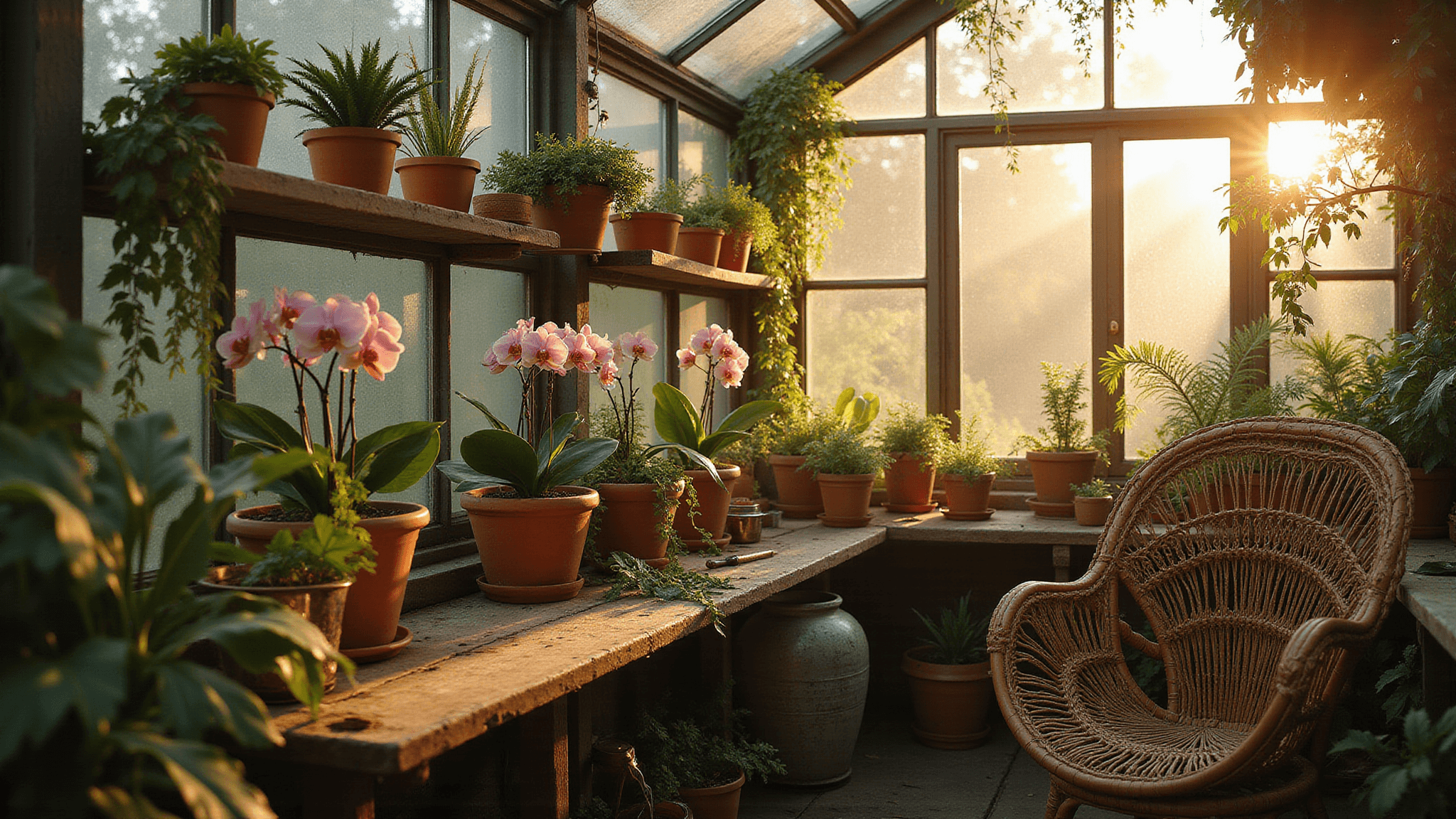 Photorealistic interior of a Victorian greenhouse at golden hour, featuring exotic plants, vintage details, and warm sunlight streaming through clouded glass panels.