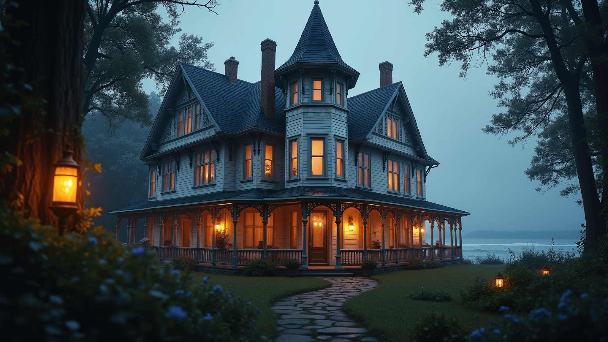 Photorealistic exterior of a grand Victorian mansion at twilight, featuring white clapboard siding with black trim, a central tower, warm lights from bay windows, a misty coastal backdrop, and a wild cottage garden, imbued with a moody atmosphere and subtle magical realism.