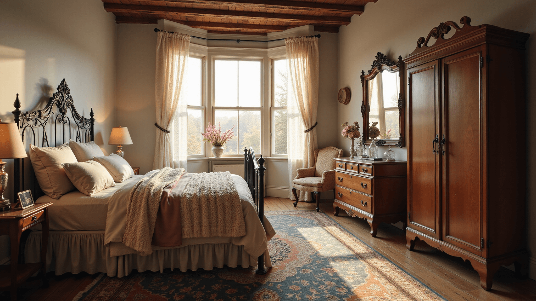 A dreamy vintage bedroom at golden hour, featuring a wrought iron bed with ivory linens, a Victorian armoire, and ambient light filtering through sheer lace curtains on weathered oak floors.